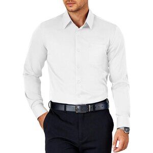 White Mens Dress Long Sleeve Button Down Wrinkle Free Shirt with Pocket